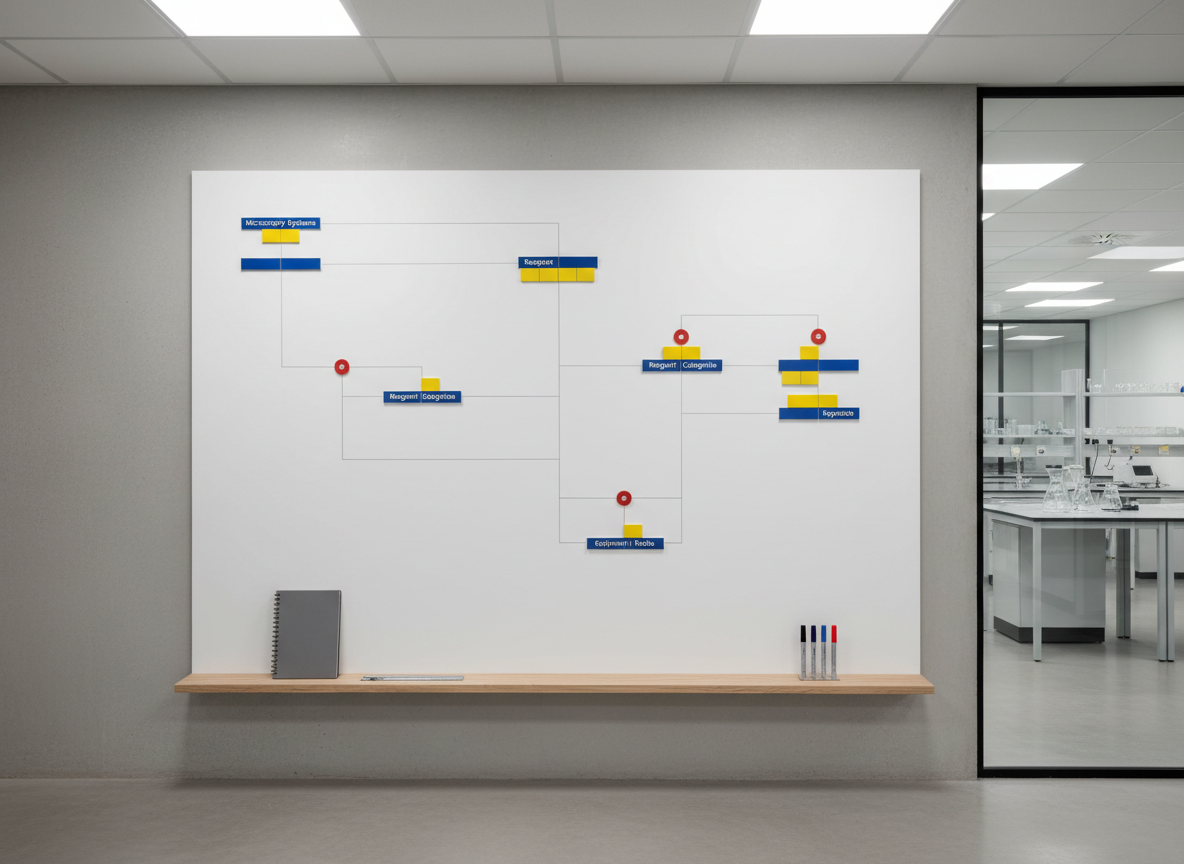 A high-level laboratory planning and consulting scene represented by a large, matte-white wall-mounted board featuring a meticulously organized research workflow diagram. Color-coded magnetic tiles represent microscopy systems, reagent categories, and equipment nodes, linked by thin, straight, gray lines. Below, a slim, floating shelf holds a closed graphite-gray notebook, a precision metal ruler, and a set of fine-tip technical markers aligned by length. The room’s walls and floor are in subtle, neutral grays, with a single glass panel revealing a blurred, orderly lab space beyond. Soft, even overhead lighting eliminates harsh shadows, enhancing legibility and structure. Captured straight on with perfect symmetry and sharp focus across the frame, the mood is analytical, strategic, and composed. Photographic realism with a minimalist corporate feel, emphasizing clarity in scientific sales and consulting planning.