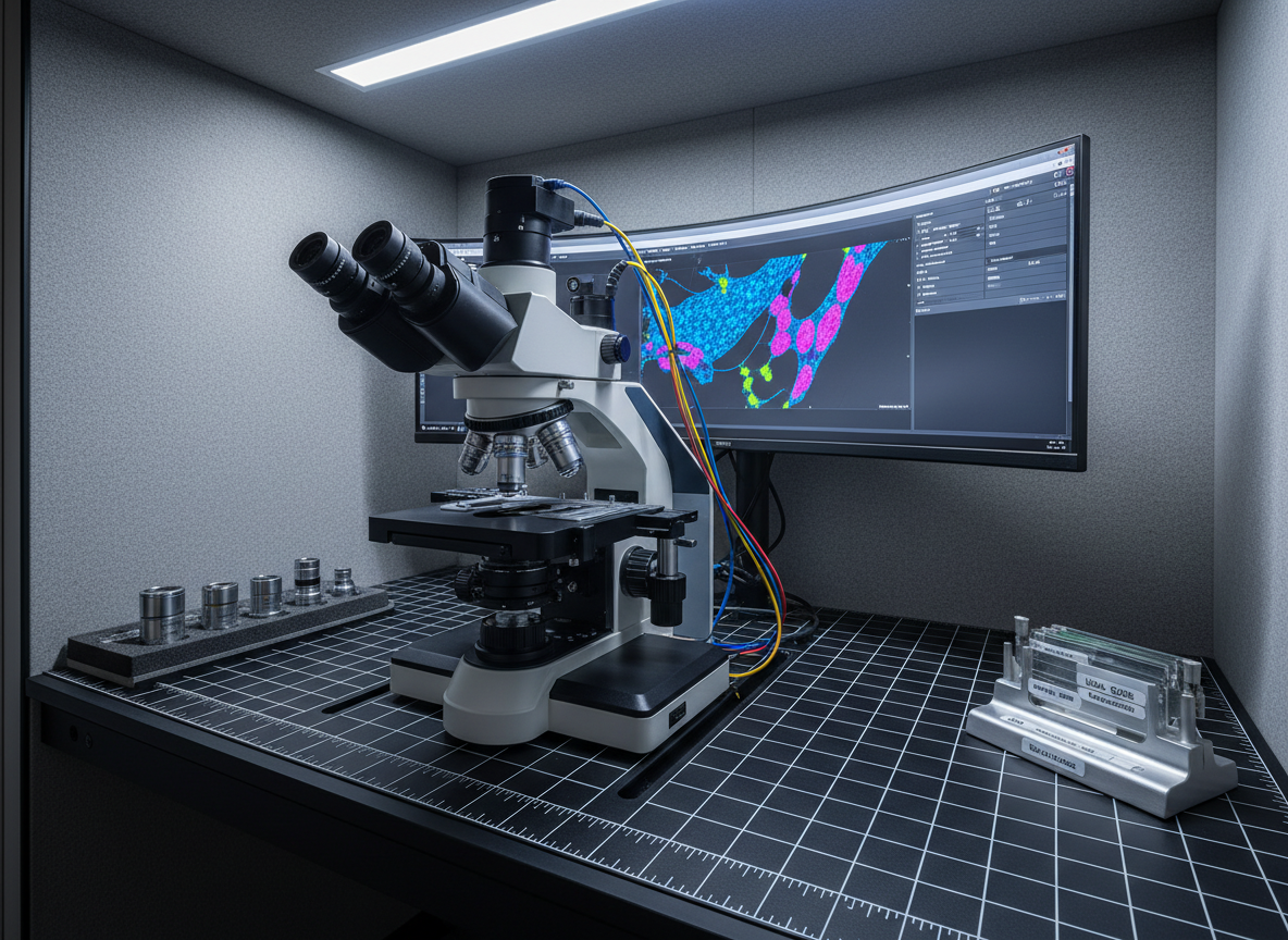 A dedicated microscopy demonstration bay featuring a large, motorized research microscope mounted on a low-vibration, matte-black optical table with laser-etched grid markings. The microscope is connected via neatly routed, color-coordinated cables to a slim, ultra-wide monitor displaying a high-resolution, false-colored cell image against a dark interface. On one side, precision-calibrated objective lenses rest in a foam-lined tray, and on the other, a small stack of labeled sample slides sits on a brushed aluminum holder. The environment is enclosed by neutral gray acoustic panels and subtle cable management channels. Cool, directional LED strip lighting integrated under an overhead shelf creates crisp edge highlights and controlled shadows. Shot from a slightly low angle, emphasizing the instrument’s sophistication, with a balanced, rule-of-thirds composition. Photographic realism, clean and technical with restrained, professional color accents.