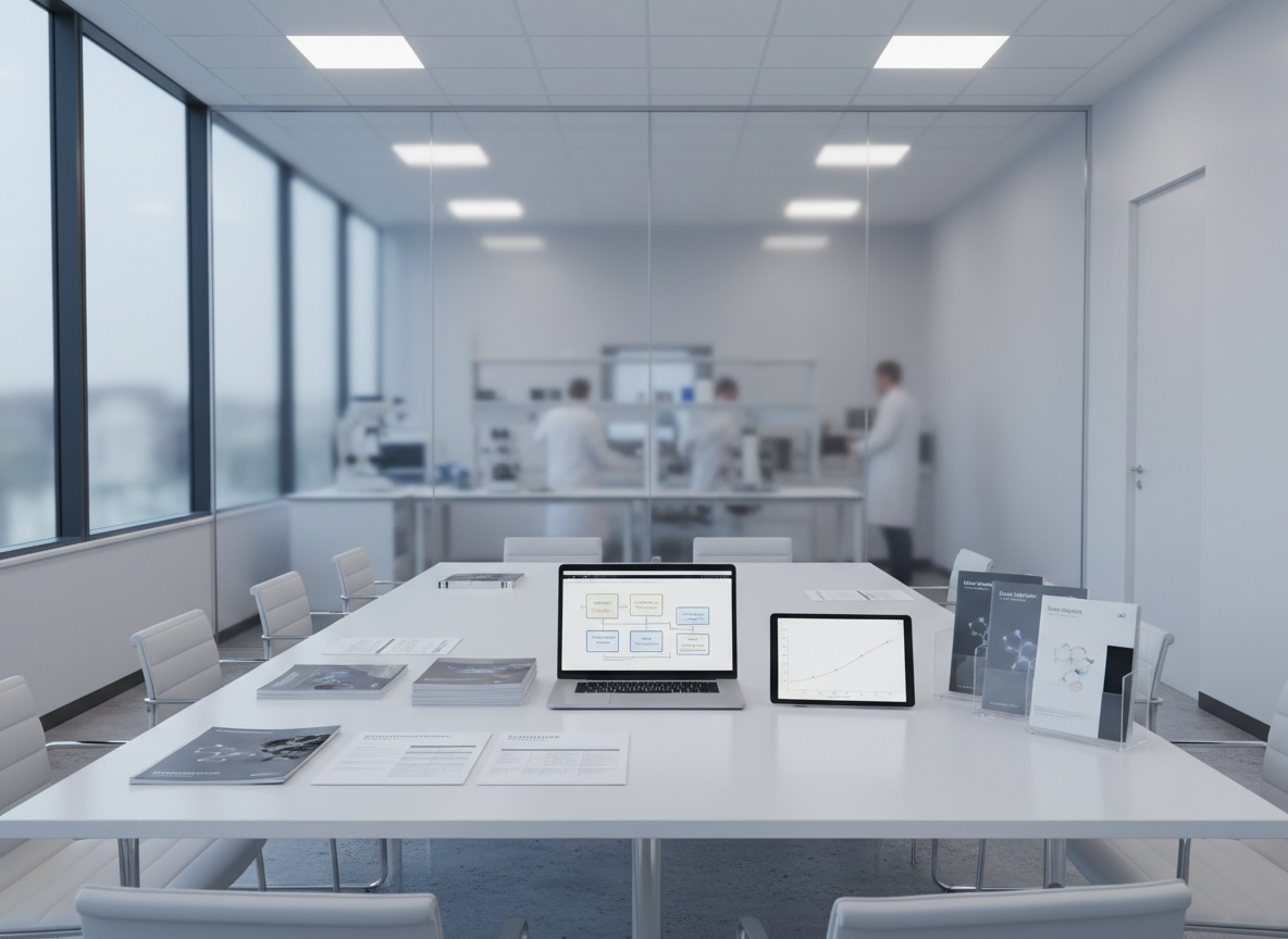 A pristine conference-style meeting table in a glass-walled laboratory office, meticulously laid out with technical sales documents for microscopy systems, neatly stacked specification sheets, an open silver laptop displaying a schematic of an imaging workflow, and a tablet showing a calibration curve. Beside them, a transparent acrylic stand holds glossy product brochures for life science reagents and lab equipment, each with restrained, minimalist cover designs. Cool, diffused daylight filters through large frosted windows, softened by subtle overhead LED panels, creating controlled reflections on the matte white tabletop. Shot from a slightly elevated angle with sharp focus throughout, the composition is symmetrical and orderly, evoking a calm, professional consulting environment. Photographic realism, clean corporate style, with muted grays, whites, and soft blues reinforcing precision and trust.