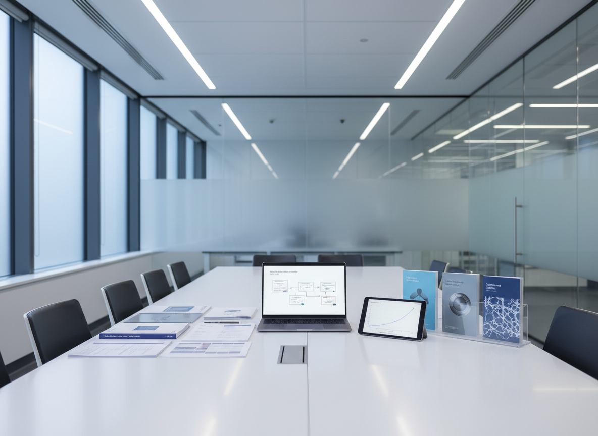 A pristine conference-style meeting table in a glass-walled laboratory office, meticulously laid out with technical sales documents for microscopy systems, neatly stacked specification sheets, an open silver laptop displaying a schematic of an imaging workflow, and a tablet showing a calibration curve. Beside them, a transparent acrylic stand holds glossy product brochures for life science reagents and lab equipment, each with restrained, minimalist cover designs. Cool, diffused daylight filters through large frosted windows, softened by subtle overhead LED panels, creating controlled reflections on the matte white tabletop. Shot from a slightly elevated angle with sharp focus throughout, the composition is symmetrical and orderly, evoking a calm, professional consulting environment. Photographic realism, clean corporate style, with muted grays, whites, and soft blues reinforcing precision and trust.