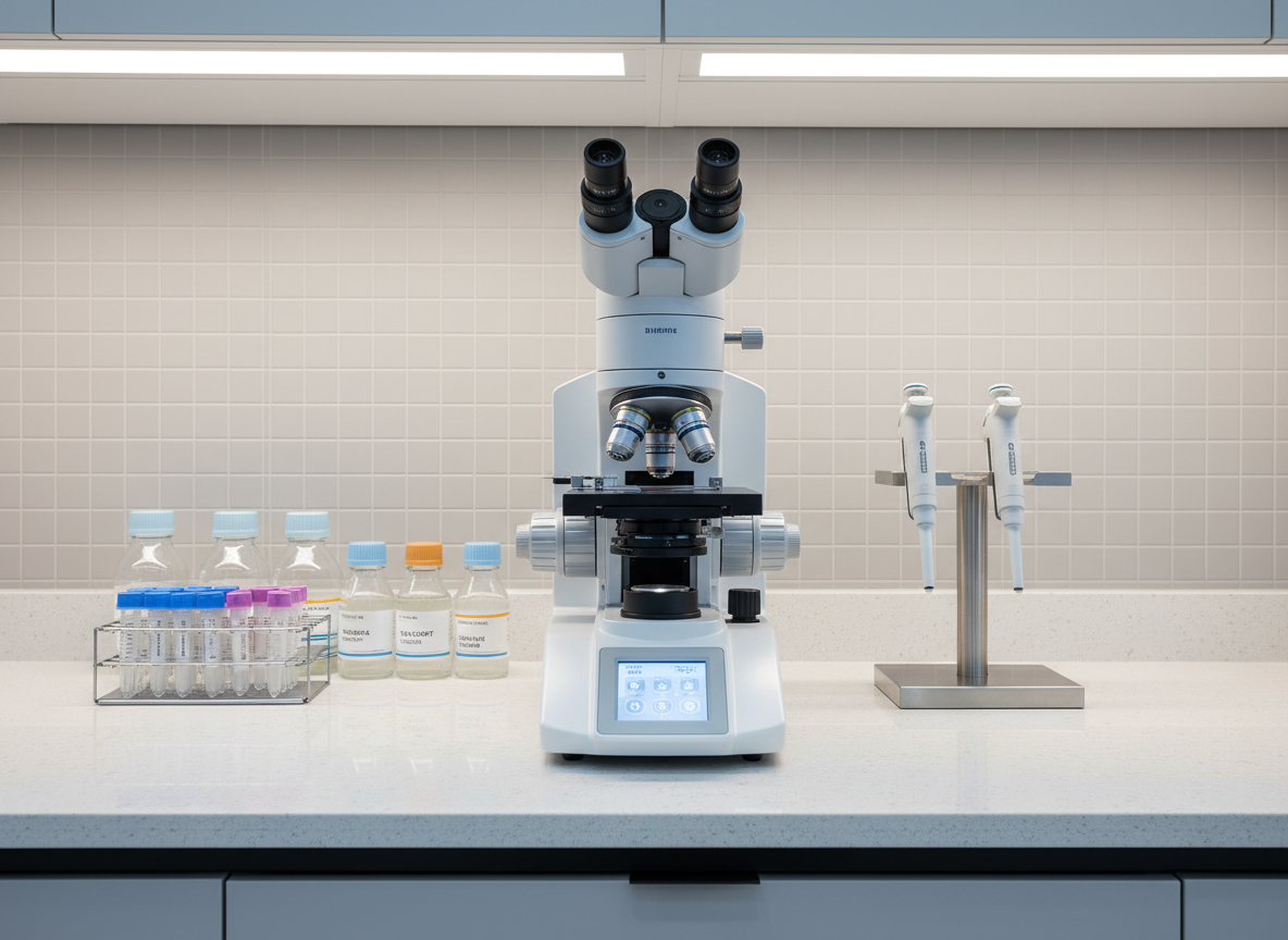 A sleek laboratory bench arranged with high-end microscopy instruments, including a glossy white inverted fluorescence microscope with metallic silver accents, precision focus knobs, and a softly glowing control panel. Around it, neatly organized racks of clear microcentrifuge tubes, labeled reagent bottles with pale blue and amber caps, and a clean stainless-steel pipette stand create a structured, orderly environment. The bench sits against a neutral light-gray wall with a subtle grid pattern, under diffused overhead LED lighting that casts gentle, uniform shadows and crisp reflections. Captured at eye level with a slightly wide angle, the composition follows clean lines and rule-of-thirds, emphasizing clarity, professionalism, and scientific rigor. Photographic realism with a modern corporate aesthetic and balanced, neutral tones throughout.