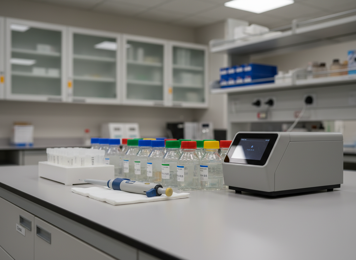An advanced life science reagents workstation on a smooth, light-gray laboratory counter, featuring neatly aligned rows of high-purity reagent bottles with color-coded caps, frosted cryovials in a low-profile white rack, and a calibrated adjustable pipette resting on a lint-free lab wipe. A digital benchtop shaker with a discrete, dark touchscreen glows softly in standby mode. The background shows a blurred, built-in cabinet system with frosted glass doors and labeled storage, maintaining a highly organized look. Even, neutral-toned LED panel lighting illuminates the scene, highlighting surfaces without harsh glare. Captured from a three-quarter angle with shallow depth of field that keeps the front reagents tack sharp while softly blurring the rear cabinetry, the mood is controlled, efficient, and methodical. Photographic realism with a minimalist, structured, corporate aesthetic.