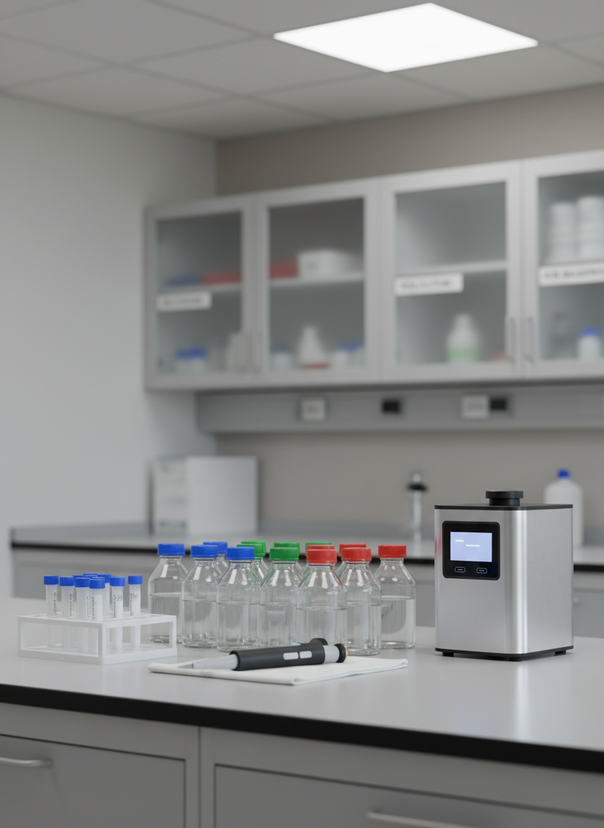 An advanced life science reagents workstation on a smooth, light-gray laboratory counter, featuring neatly aligned rows of high-purity reagent bottles with color-coded caps, frosted cryovials in a low-profile white rack, and a calibrated adjustable pipette resting on a lint-free lab wipe. A digital benchtop shaker with a discrete, dark touchscreen glows softly in standby mode. The background shows a blurred, built-in cabinet system with frosted glass doors and labeled storage, maintaining a highly organized look. Even, neutral-toned LED panel lighting illuminates the scene, highlighting surfaces without harsh glare. Captured from a three-quarter angle with shallow depth of field that keeps the front reagents tack sharp while softly blurring the rear cabinetry, the mood is controlled, efficient, and methodical. Photographic realism with a minimalist, structured, corporate aesthetic.
