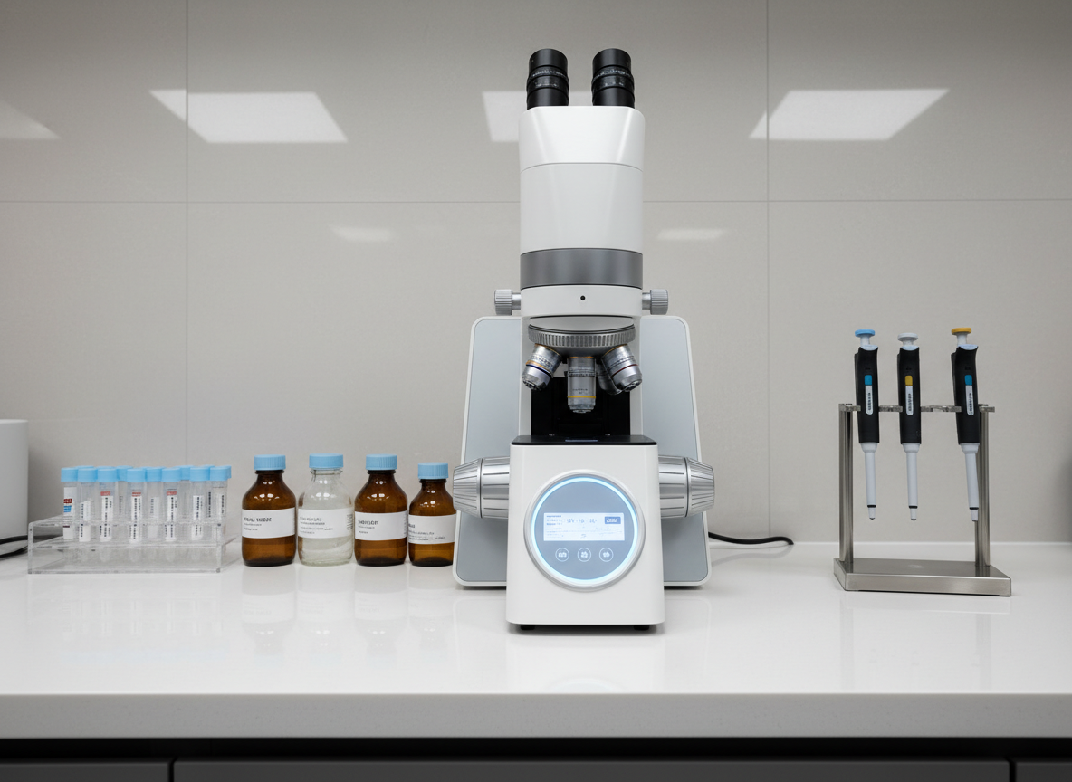 A sleek laboratory bench arranged with high-end microscopy instruments, including a glossy white inverted fluorescence microscope with metallic silver accents, precision focus knobs, and a softly glowing control panel. Around it, neatly organized racks of clear microcentrifuge tubes, labeled reagent bottles with pale blue and amber caps, and a clean stainless-steel pipette stand create a structured, orderly environment. The bench sits against a neutral light-gray wall with a subtle grid pattern, under diffused overhead LED lighting that casts gentle, uniform shadows and crisp reflections. Captured at eye level with a slightly wide angle, the composition follows clean lines and rule-of-thirds, emphasizing clarity, professionalism, and scientific rigor. Photographic realism with a modern corporate aesthetic and balanced, neutral tones throughout.